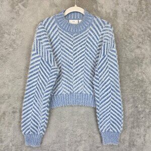 C/MEO Collective Sweater Womens XS Blue White Chevron Fuzzy Crewneck Cropped